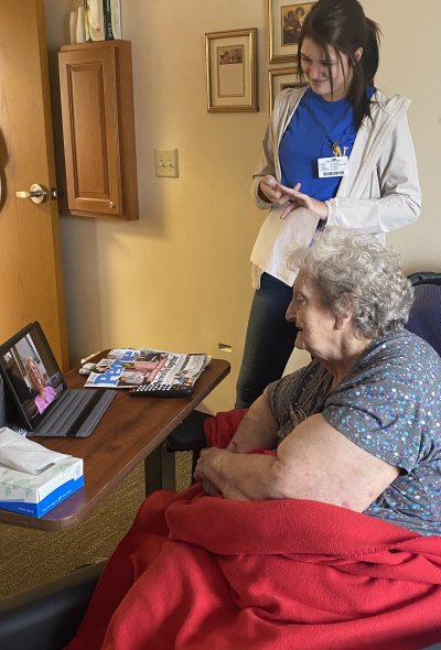 a resident enjoying a virtual visit